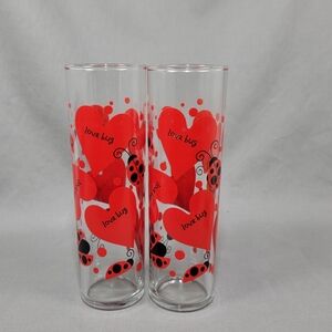 Vtg Lady Bug Love Tom Collins Glass Vase Clear Red Black Anchor Hocking Lot of 2